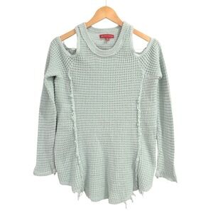 Saks Fifth Avenue Mint Green Cold Shoulder Waffle Knit Sweater M Distressed‎